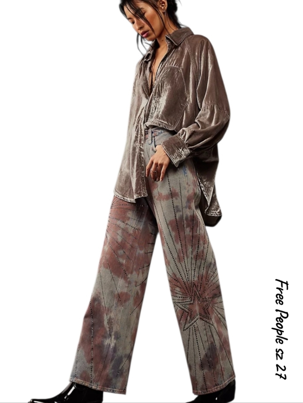 We The Free Mid-Rise Loose Straight Jeans Washed tie-dye Embellished NWT sz 27 - Picture 1 of 15